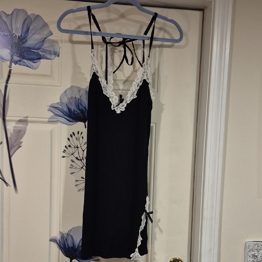 Black Chemise with White Lace Trim - Women's Sleepwear